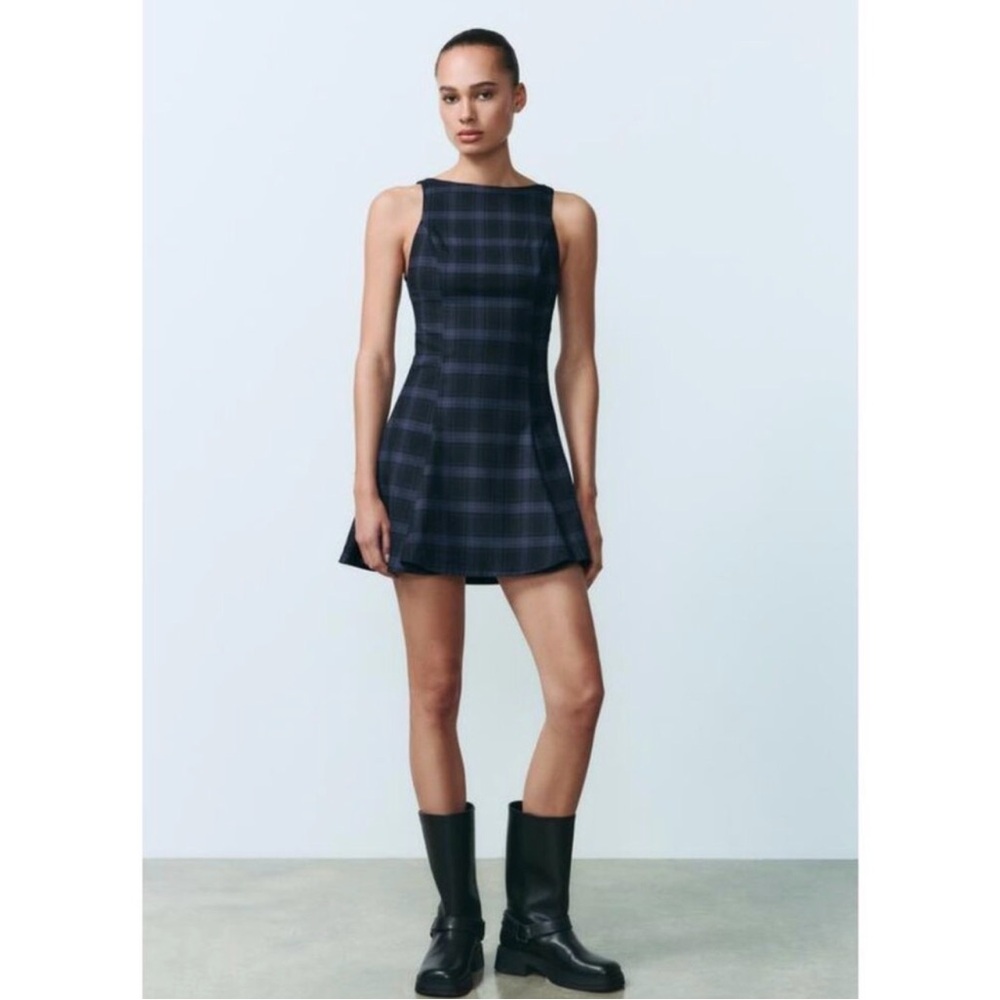Zara Navy Checkered Mini Dress